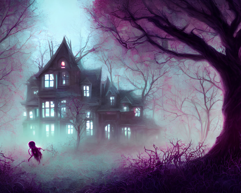 Foggy Victorian mansion at twilight with eerie purple lighting