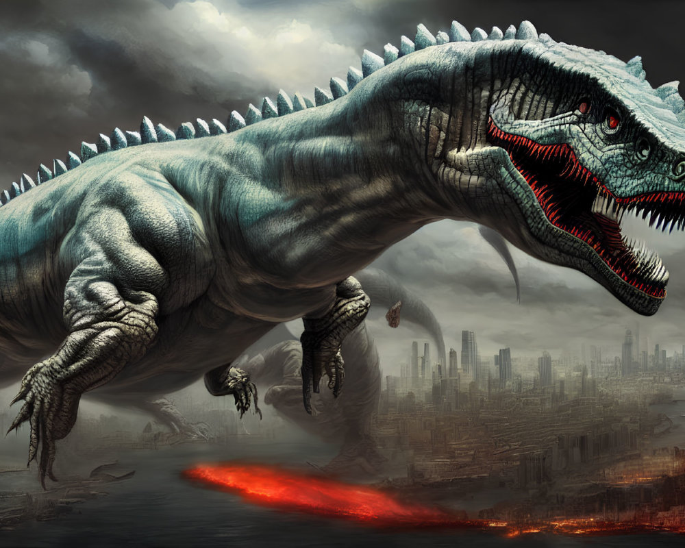 Gigantic dinosaur in fiery cityscape under stormy sky