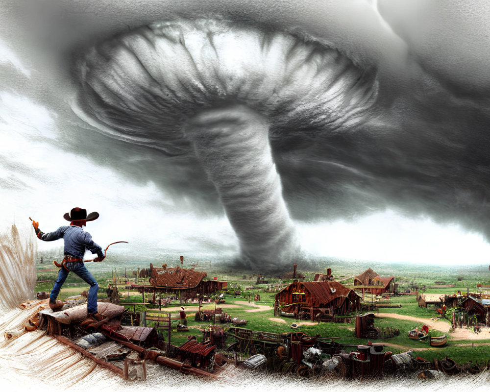 Cowboy overlooking Western town with massive tornado nearby