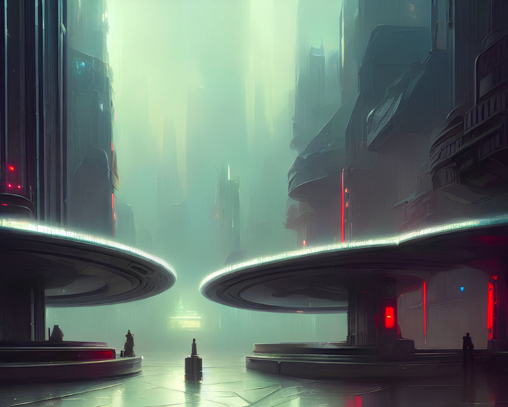 Futuristic cityscape with towering buildings and glowing neon lights