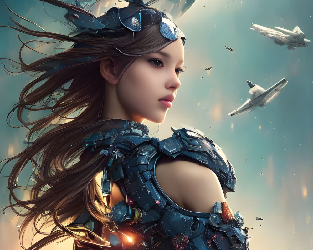 Futuristic warrior woman in mechanical armor amidst floating debris and spaceships