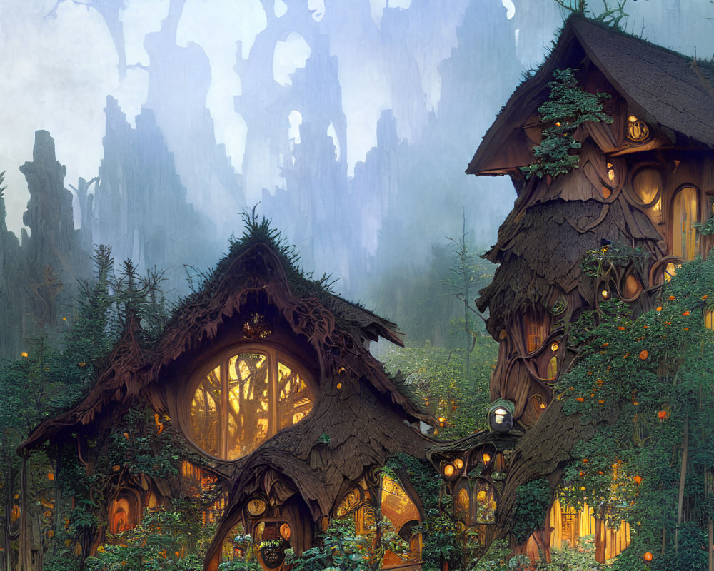 Enchanted Forest Treehouses with Glowing Windows