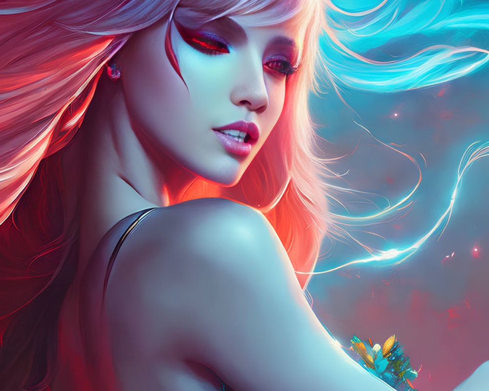 Surreal digital artwork: woman with pink hair and red eyes in neon blue setting