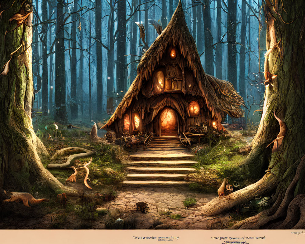 Enchanting forest scene with whimsical cottage and forest creatures at twilight