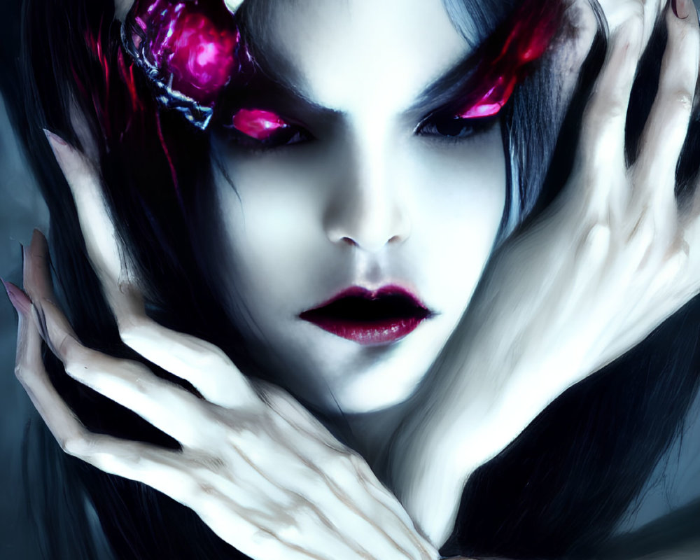 Eerie portrait of woman with red eyes and elongated fingers