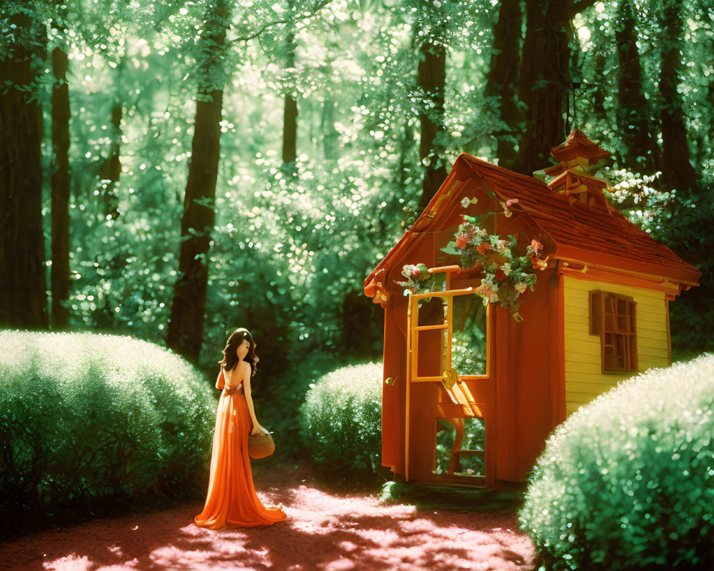 Woman in Orange Dress Near Small Red House Surrounded by Greenery