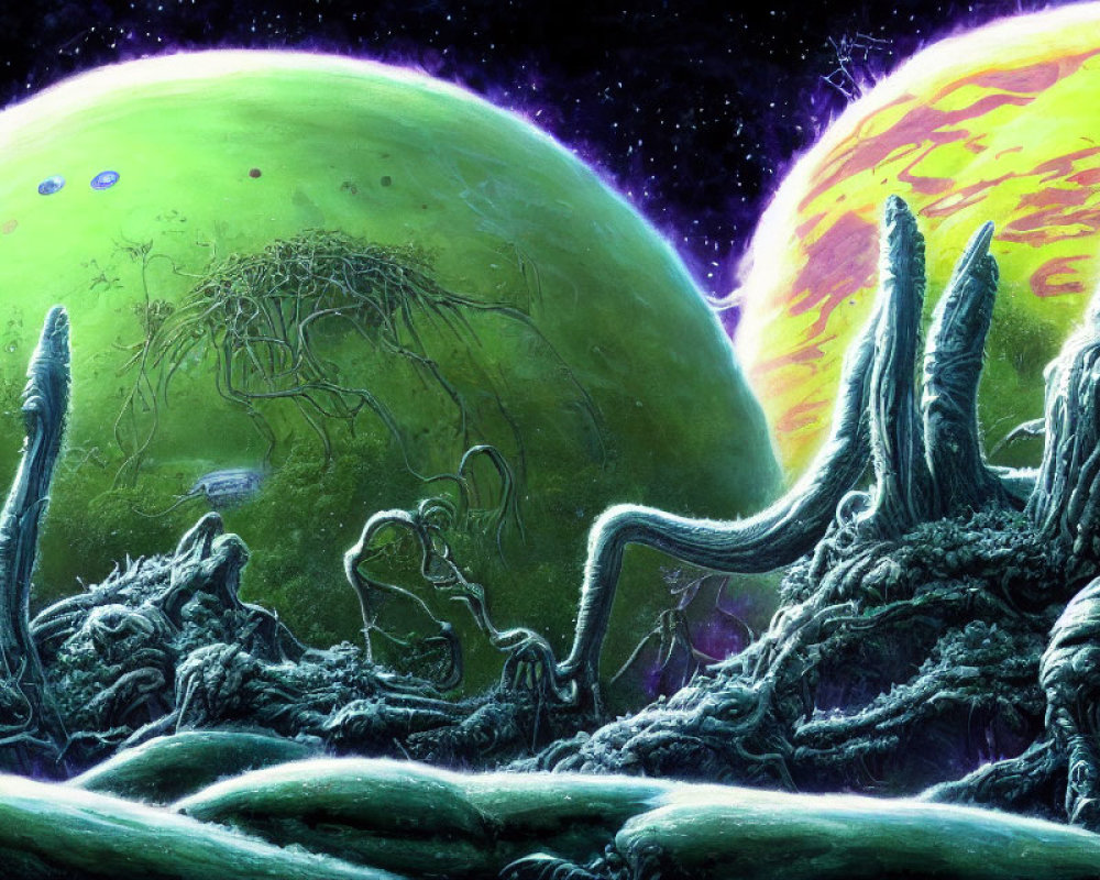 Vivid Sci-Fi Landscape with Alien Vegetation and Starlit Sky