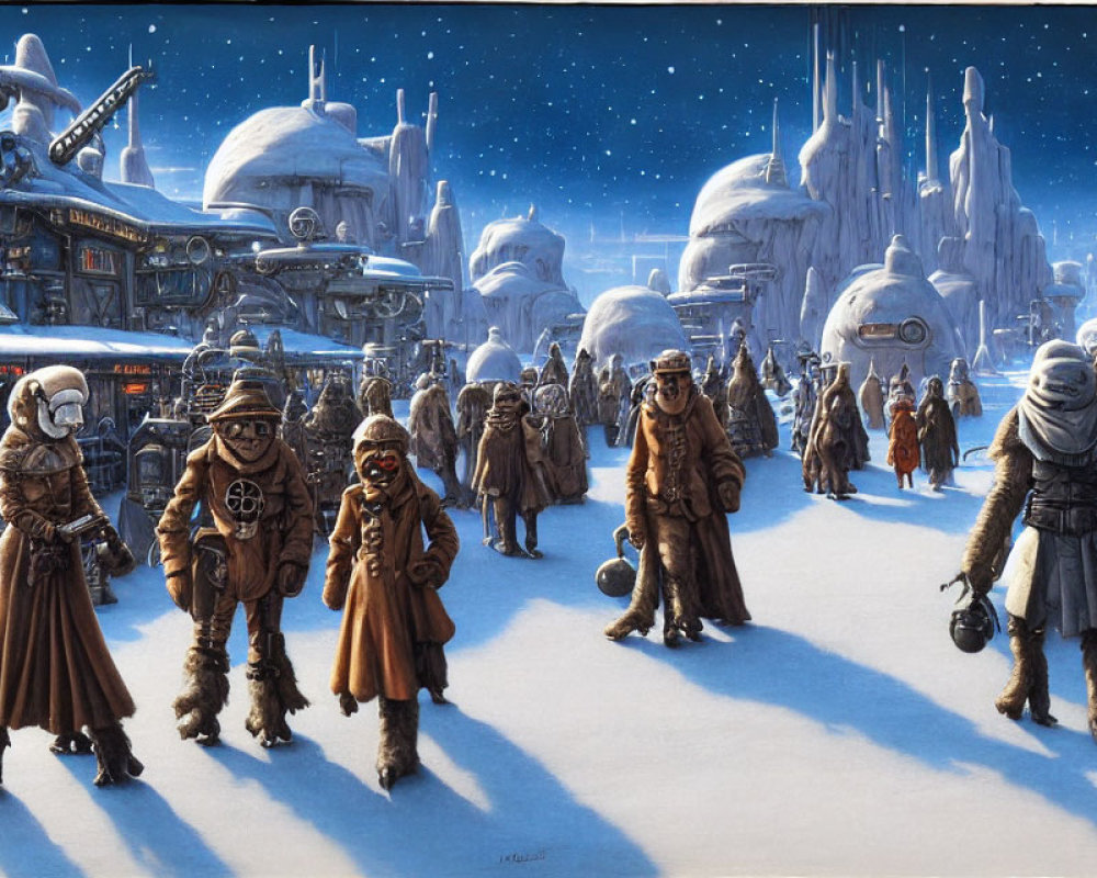 Group in fur-lined coats navigating futuristic snowy cityscape