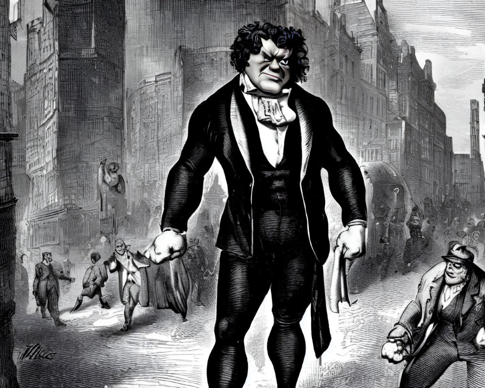 Vintage Black and White Illustration of Giant Man in Busy Street