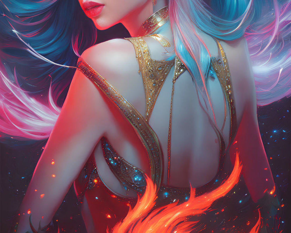 Vivid illustration of woman with blue hair and fiery elements in gold attire on red and blue backdrop