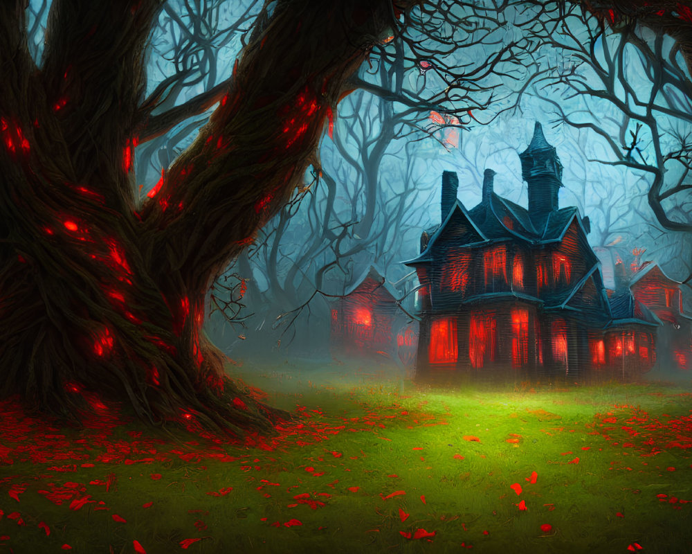 Glowing eerie mansion in twisted tree landscape