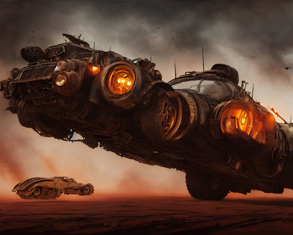 Armored vehicles flying in apocalyptic landscape with fiery sky