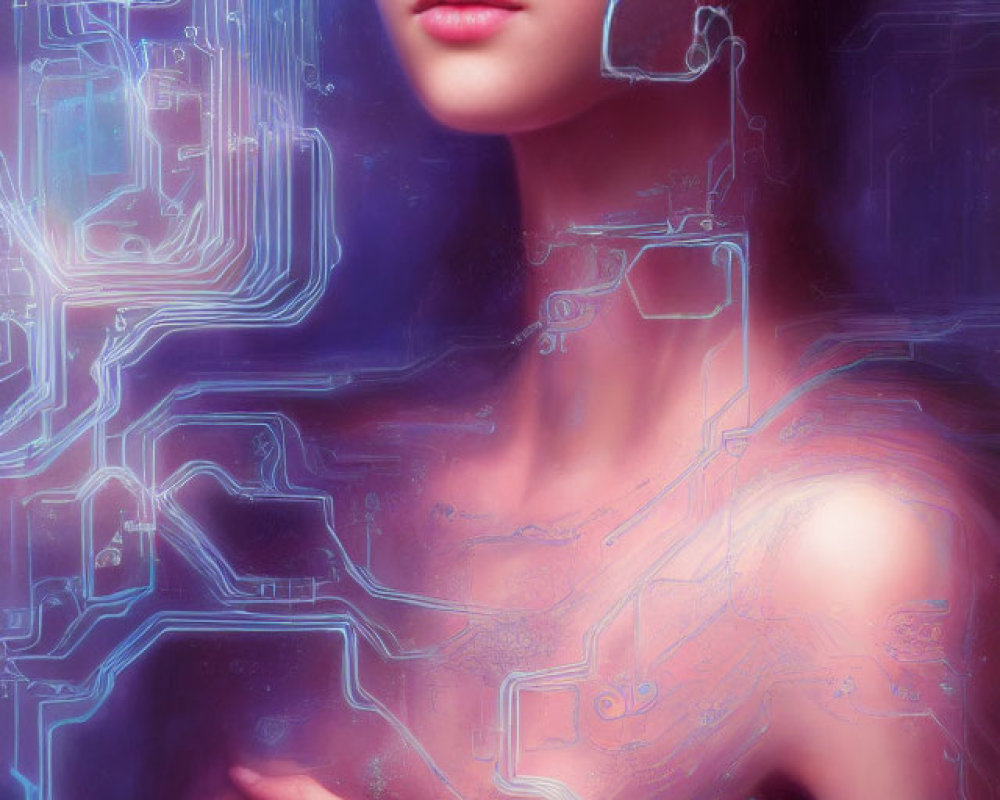 Woman's portrait with cybernetic elements and glowing circuits in futuristic setting