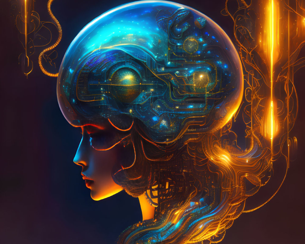 Futuristic digital artwork of cosmic-brain head on neon-lit pedestal