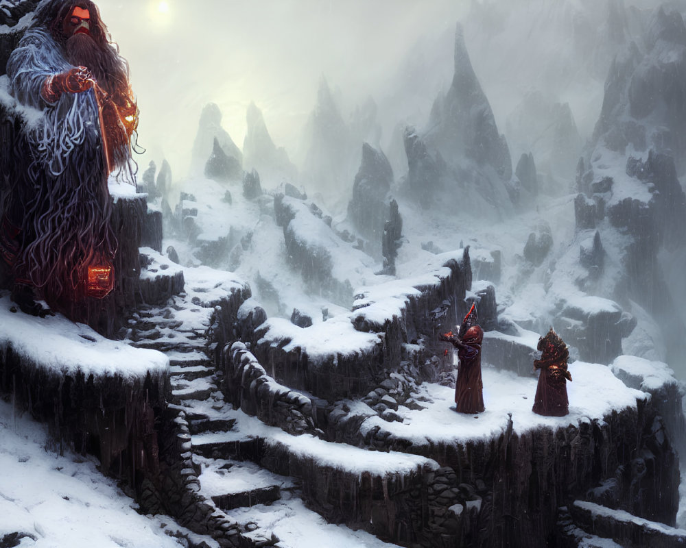 Glowing runes on mystical giant with two figures in snowy mountain scene