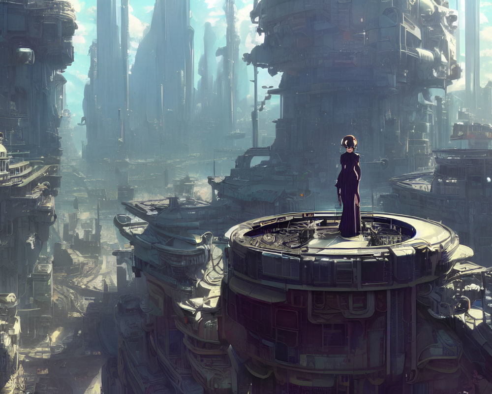 Futuristic cityscape with solitary figure on structure