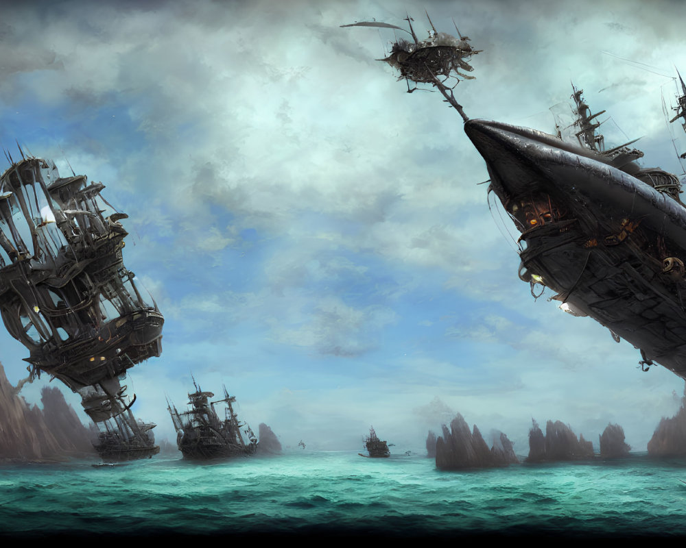 Flying pirate ships with diverse sails over teal ocean and rocky landscape under dramatic sky