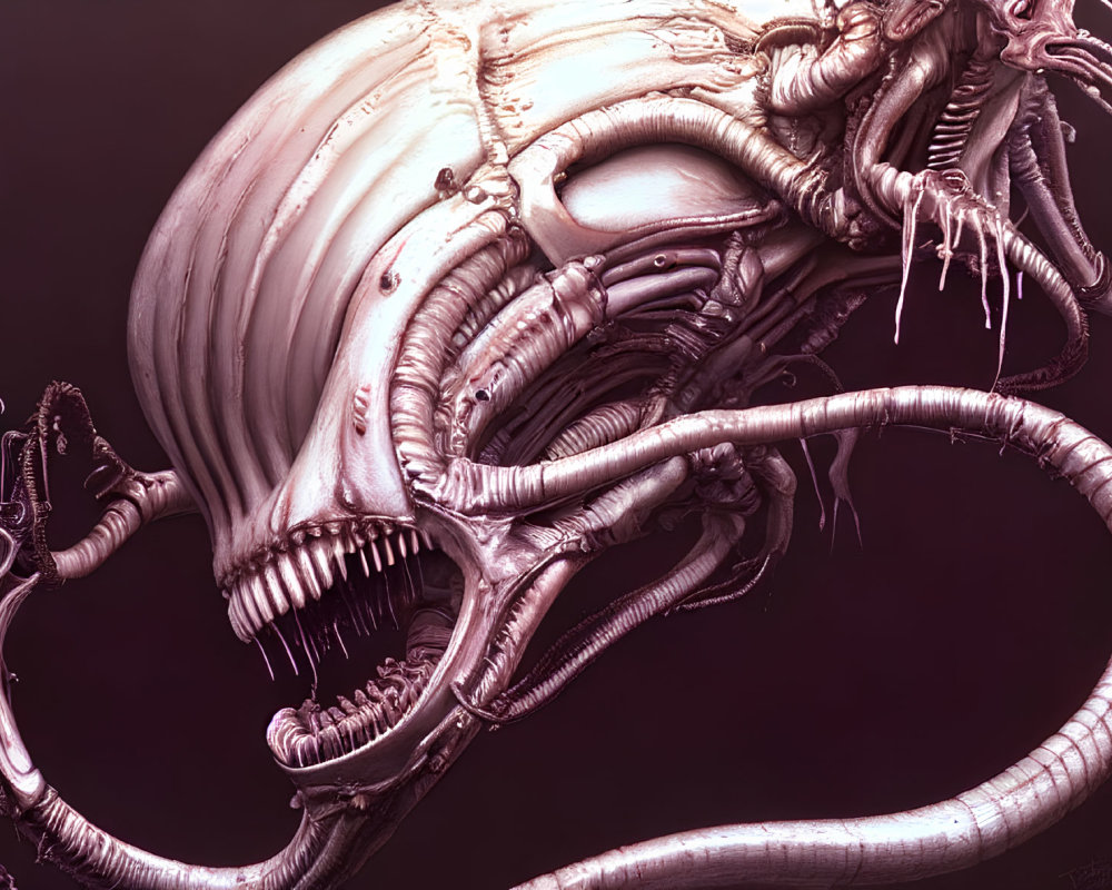 Detailed Bio-Mechanical Creature Drawing with Skull-Like Head and Tendrils