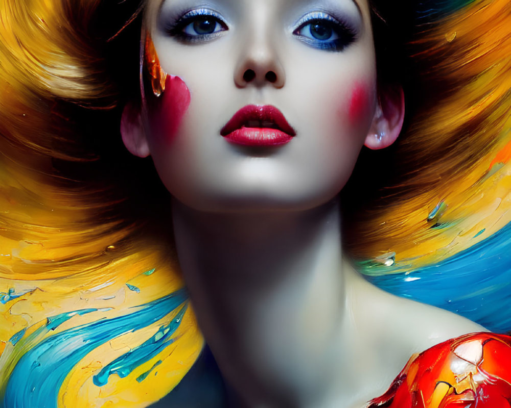 Colorful Woman with Swirling Hair and Vivid Makeup in Vibrant Surroundings