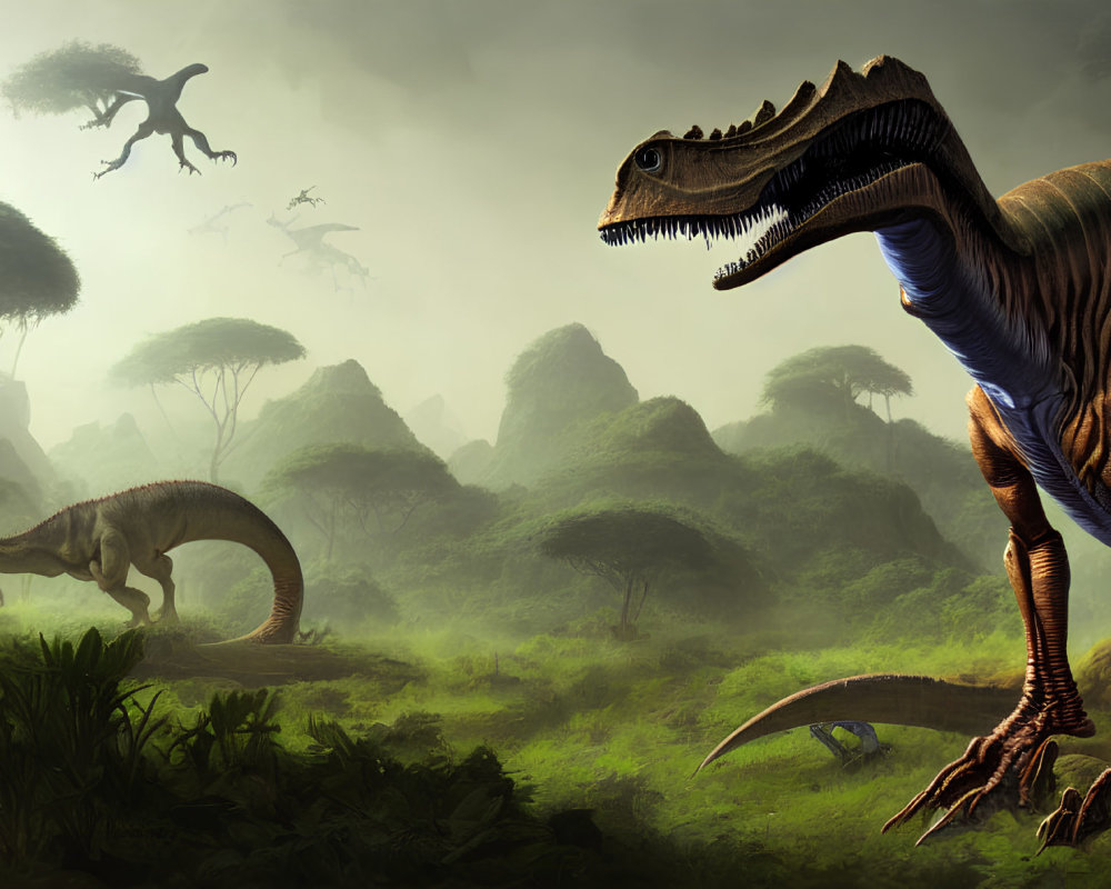 Detailed Tyrannosaurus Rex in Prehistoric Landscape with Dinosaurs