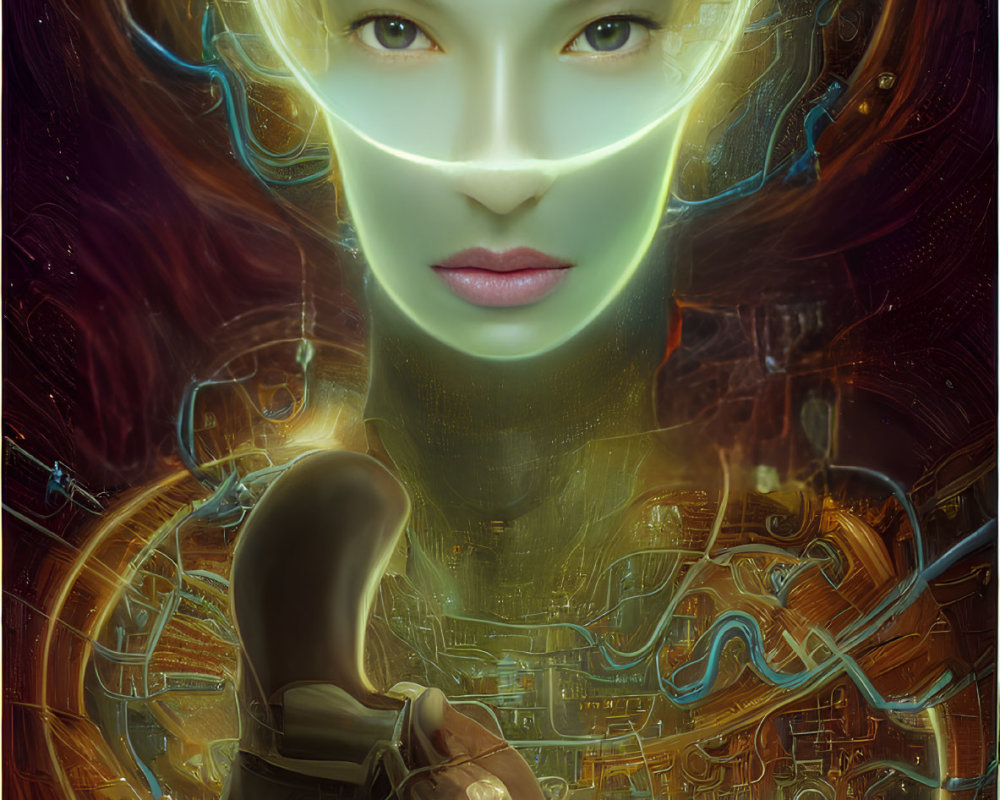 Digital artwork: Female figure with glowing, translucent face amidst futuristic golden circuits.