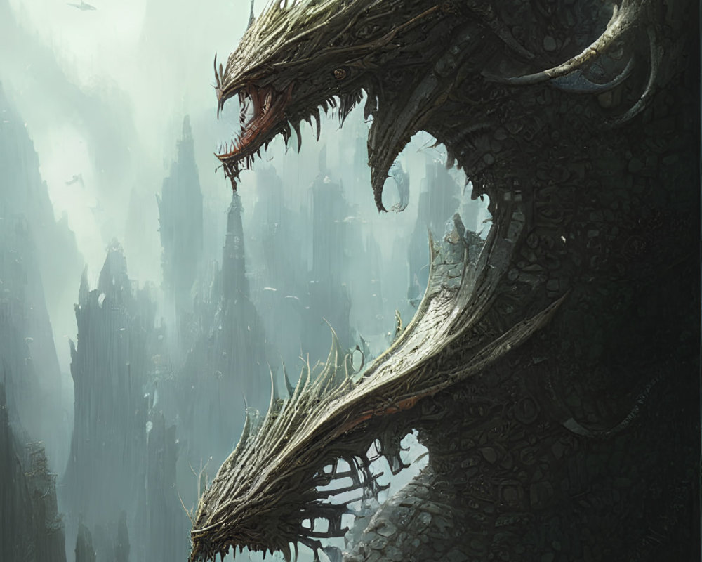 Majestic multi-headed dragon in gothic landscape