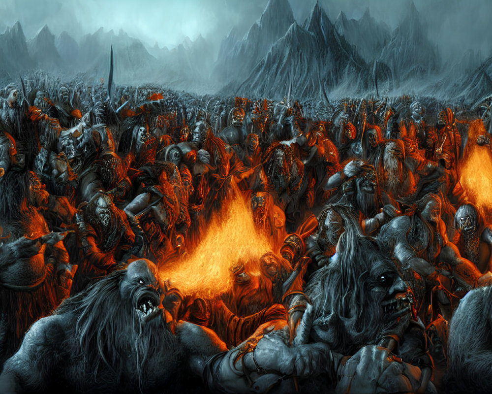 Fantasy scene: Army of orcs and creatures by fiery blaze and mountains