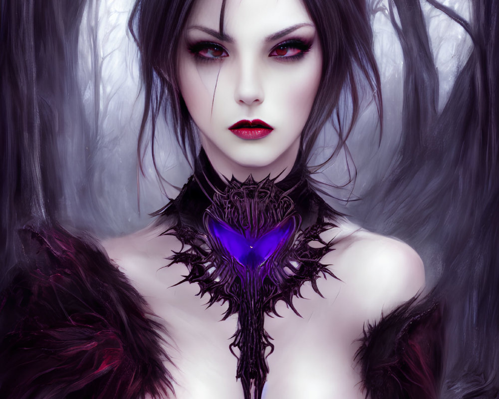 Illustration of pale-skinned female with dark makeup and red eyes in black feathered attire with glowing