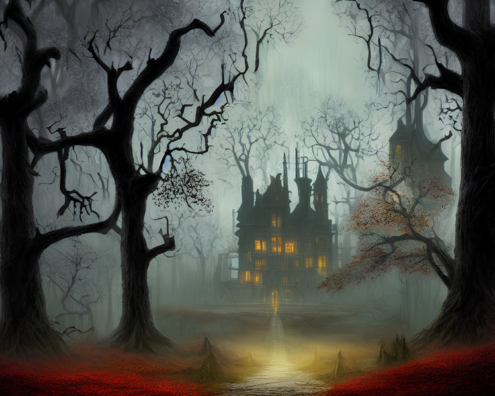 Eerie Gothic Mansion in Misty Forest with Glowing Windows