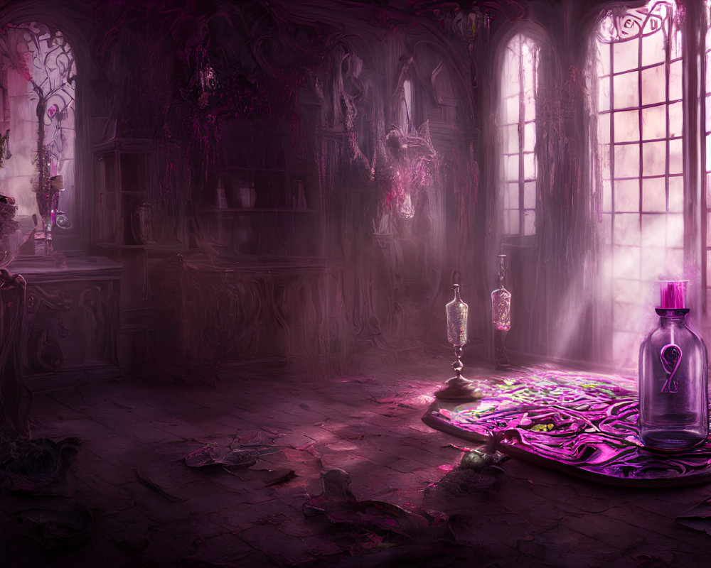 Mystical purple room with ornate windows, light beams, purple bottle, and scattered leaves