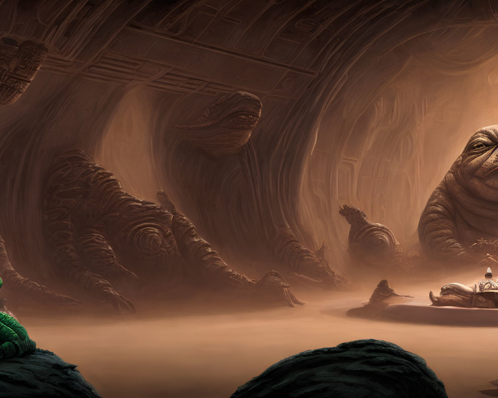 Surreal artwork featuring oversized slug-like creatures, green beings, and floating platforms in a cavernous