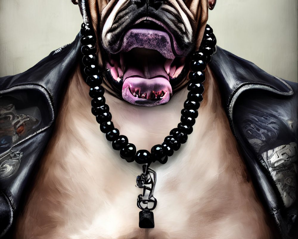 Muscular bulldog in leather jacket and necklace exudes toughness