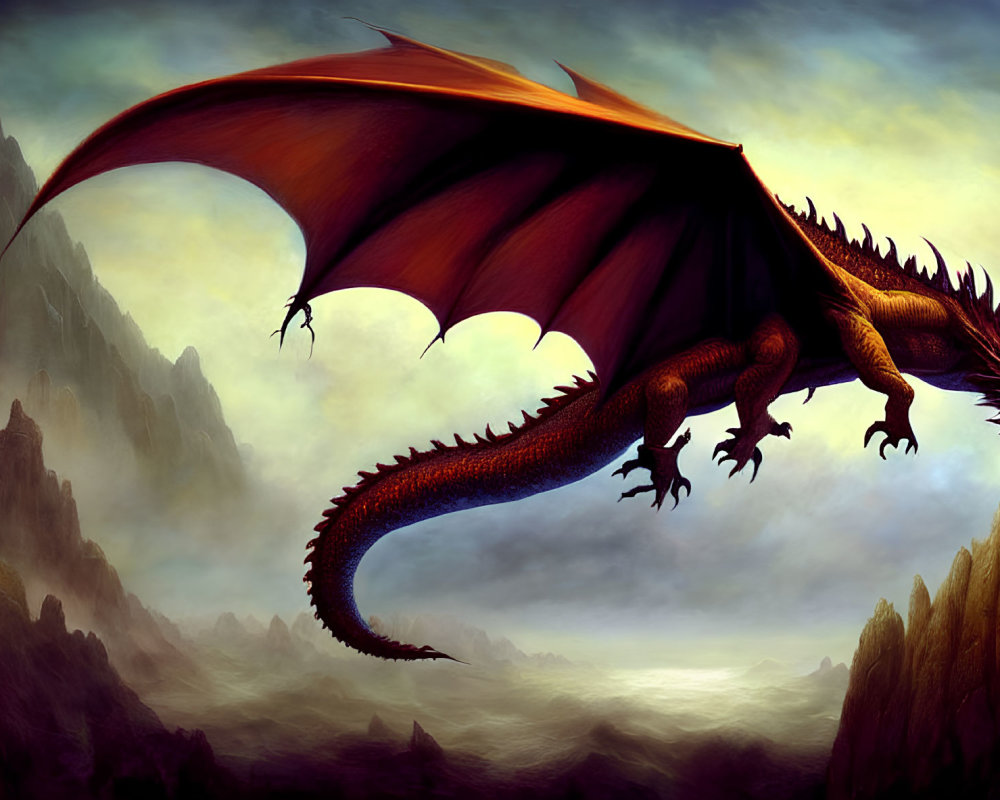 Majestic red-winged dragon above misty mountain peaks