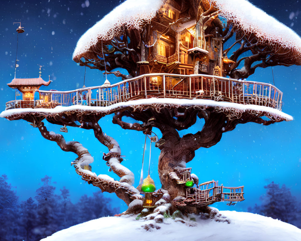 Snow-covered treehouse with multiple levels in gnarled tree under twilight sky