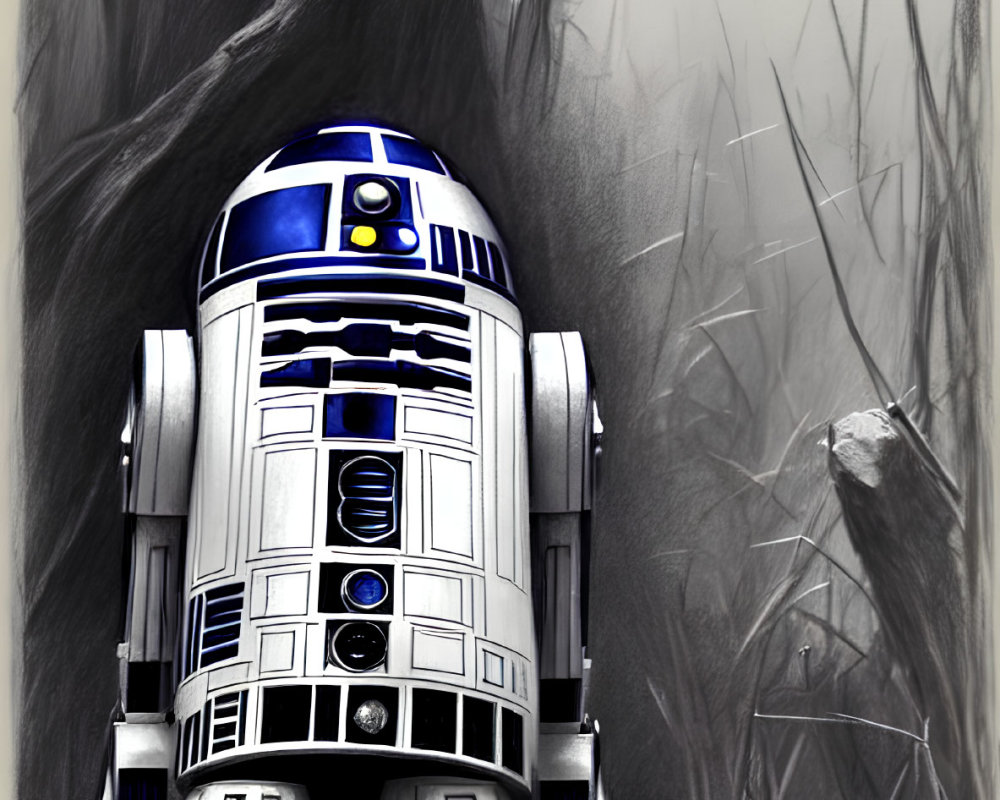 Monochromatic illustration of R2-D2 among rocks and grass