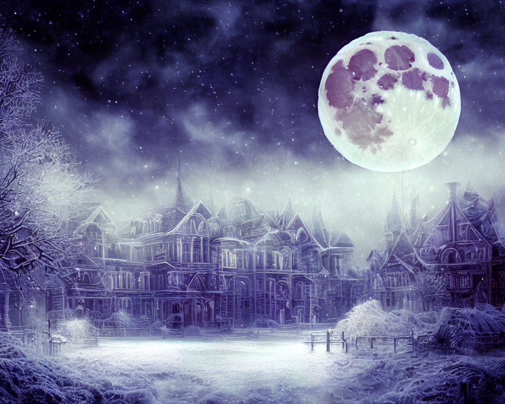 Victorian neighborhood in snow under mystical moon