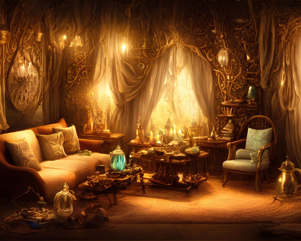 Mystical room with wooden details, candles, warm sofa, and glowing green orb