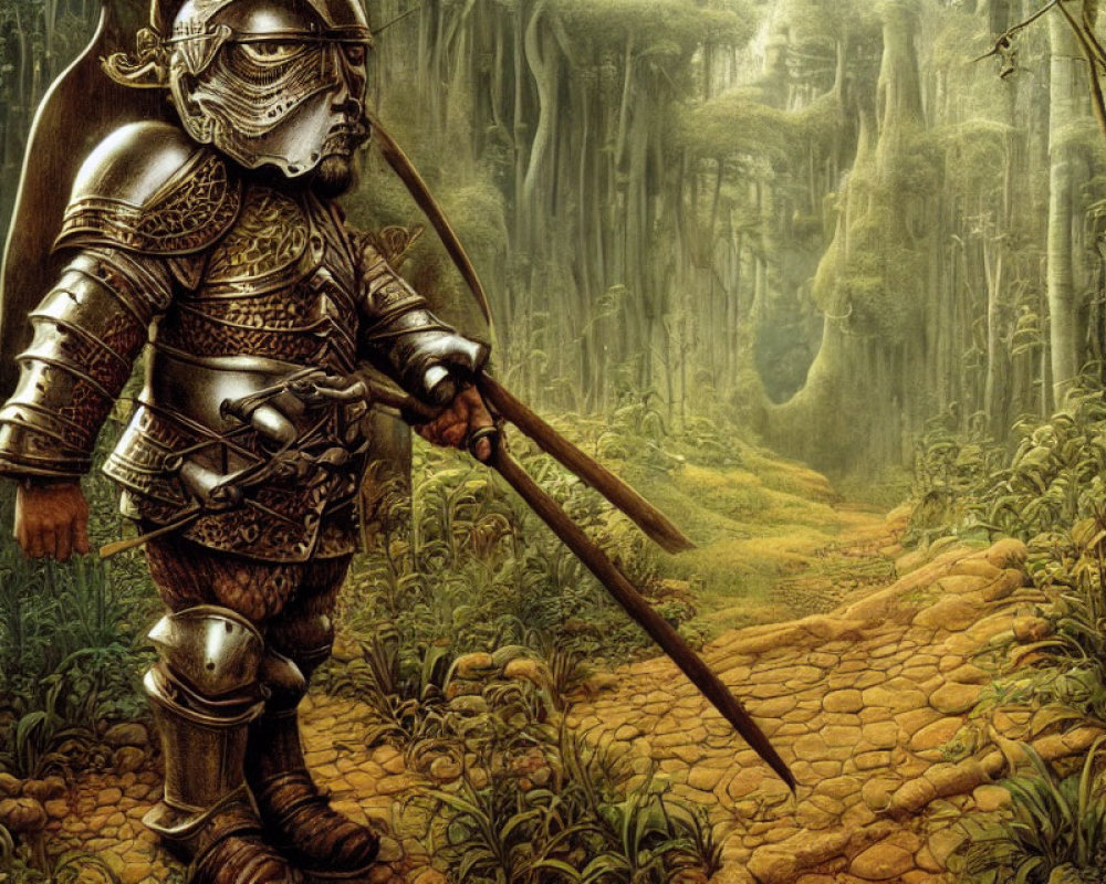 Knight in Full Armor with Spear on Forest Path Amid Dense Foliage