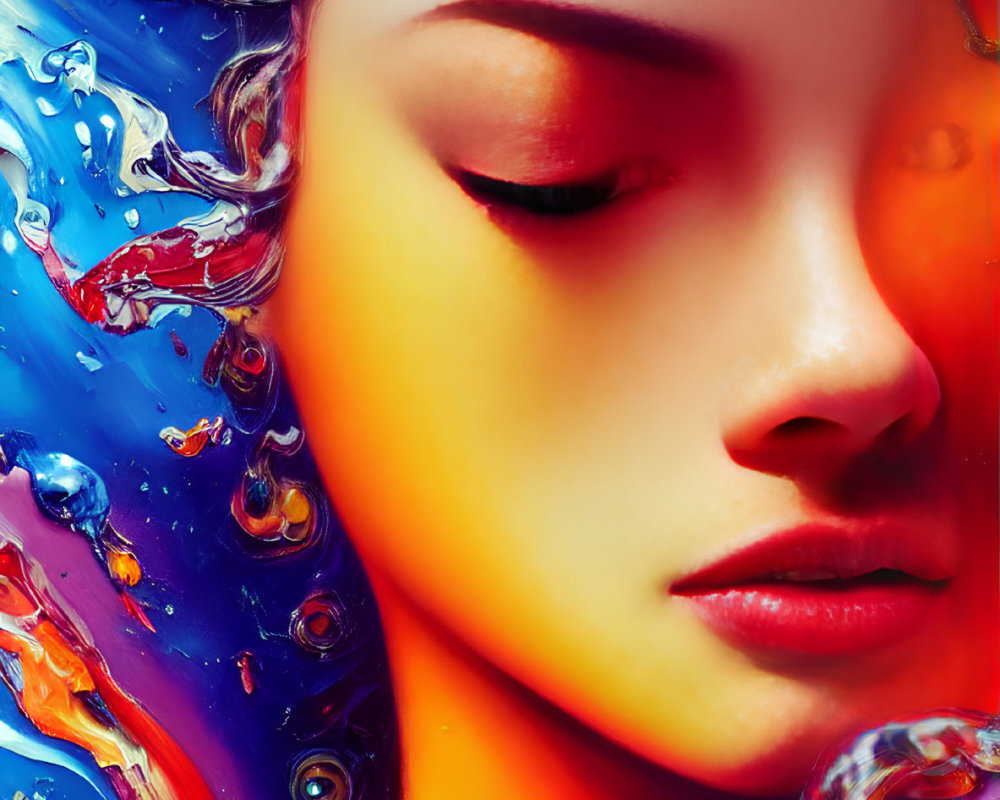 Vibrant abstract portrait with colorful liquid swirls and bubbles