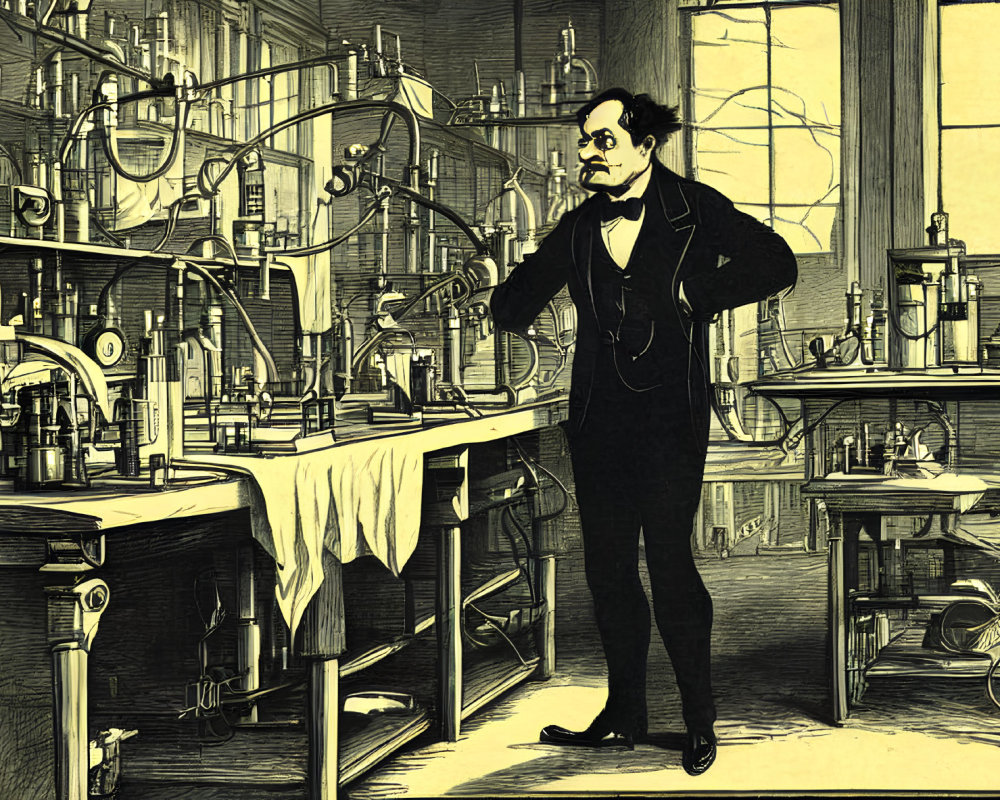 Victorian-era scientist in cluttered laboratory with mustache.