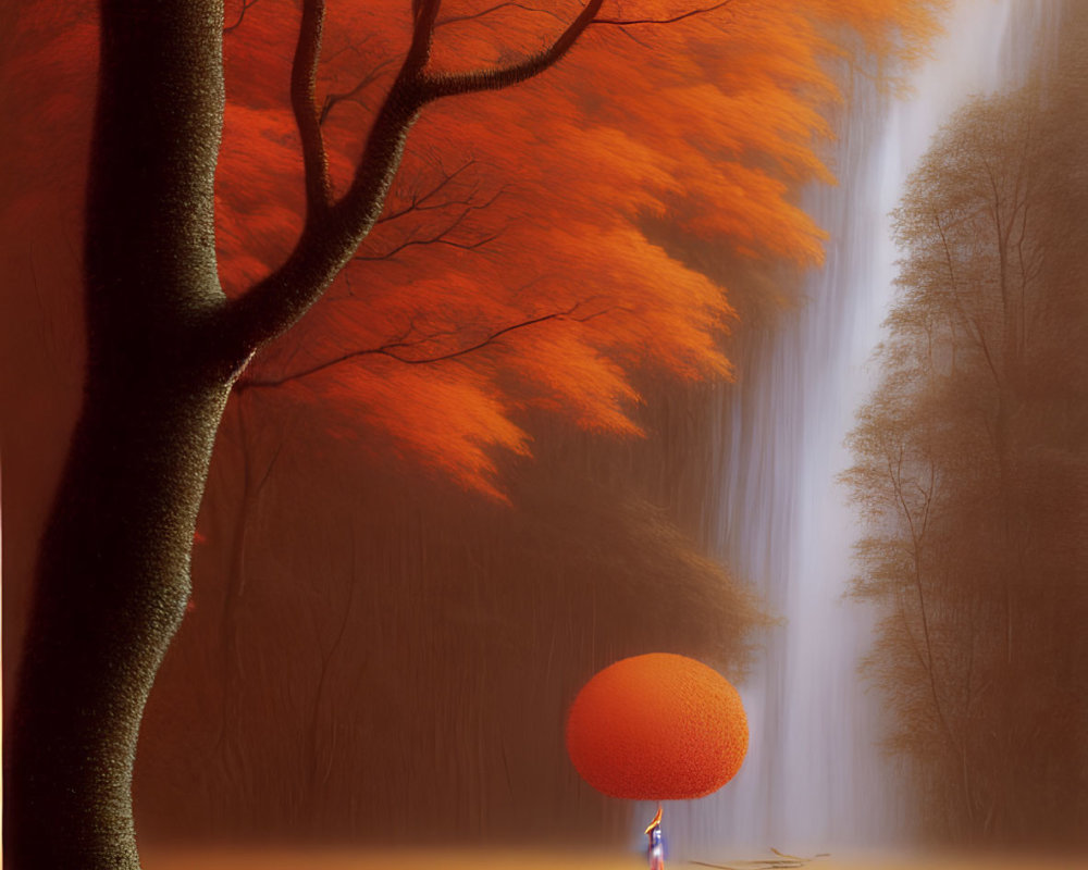 Person with Orange Umbrella in Fiery Autumn Scene by Waterfall