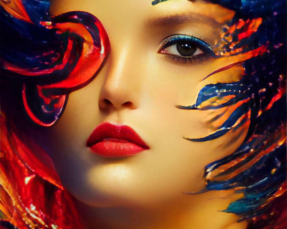 Colorful Abstract Digital Artwork of Woman with Swirling Feathers