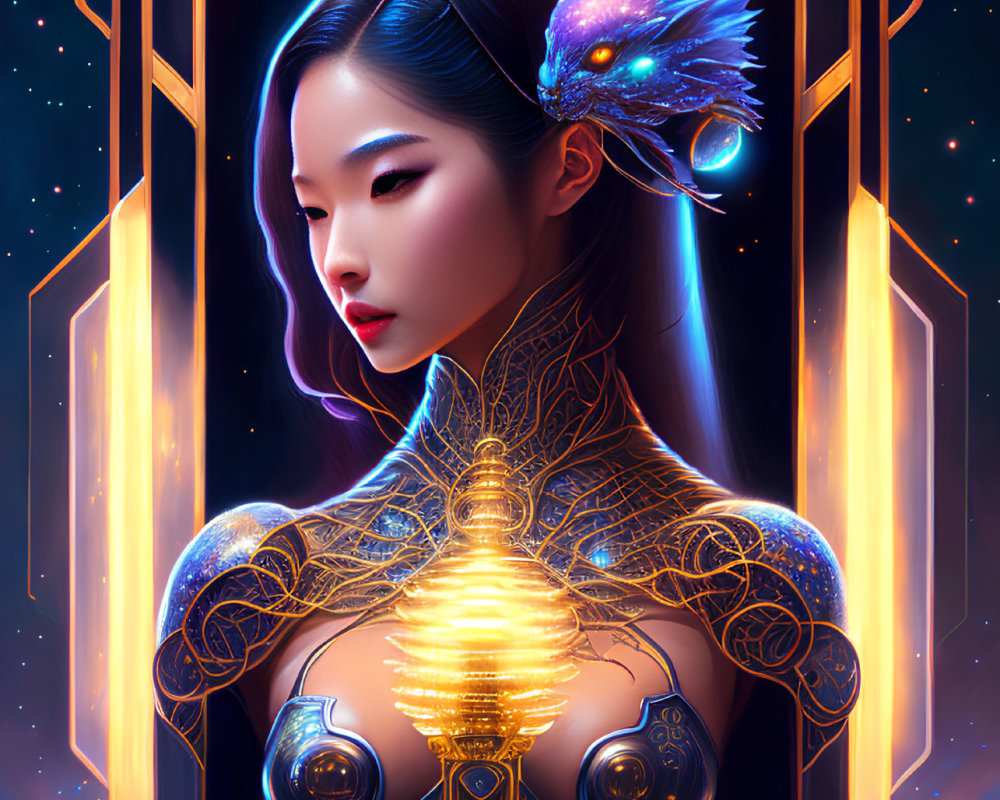 Futuristic digital artwork of woman with glowing bird and mechanical details