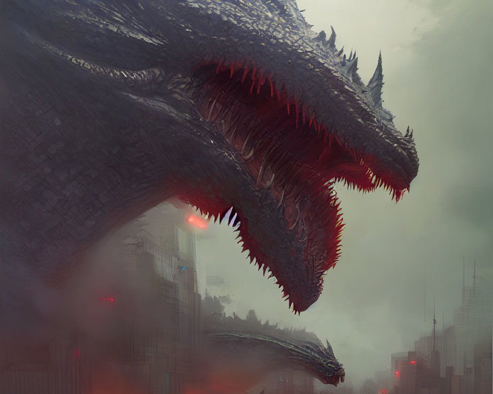 Menacing dragon dominates smog-covered cityscape