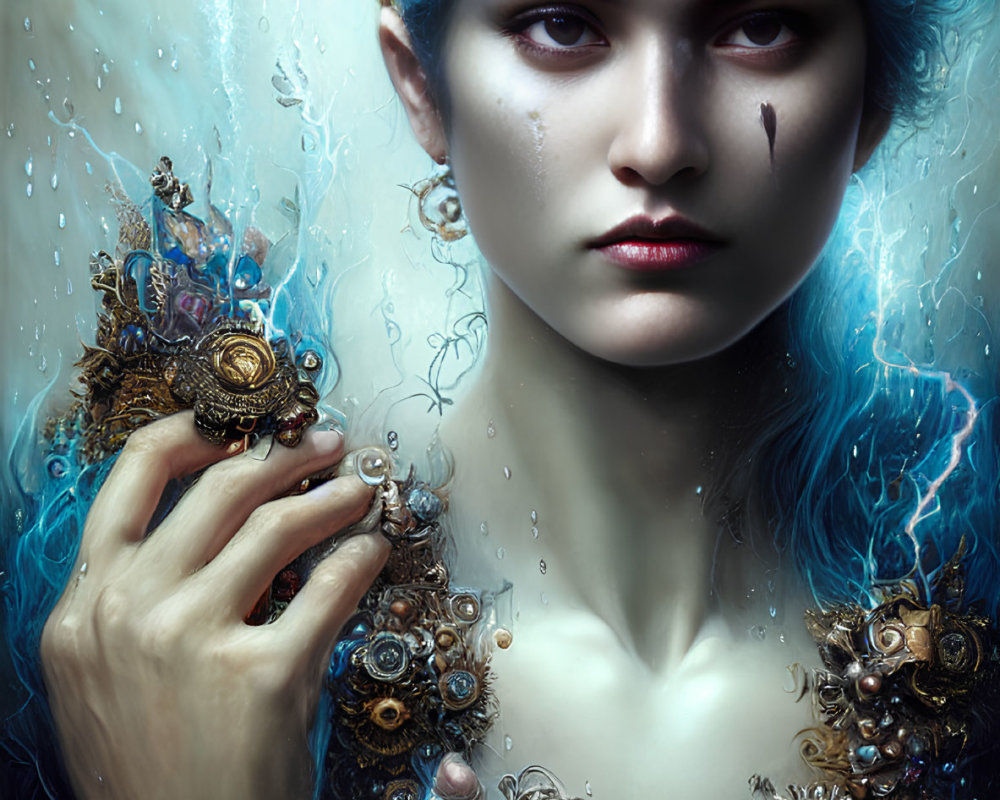 Surreal portrait of woman with mechanical components and eye on chest in blue light.