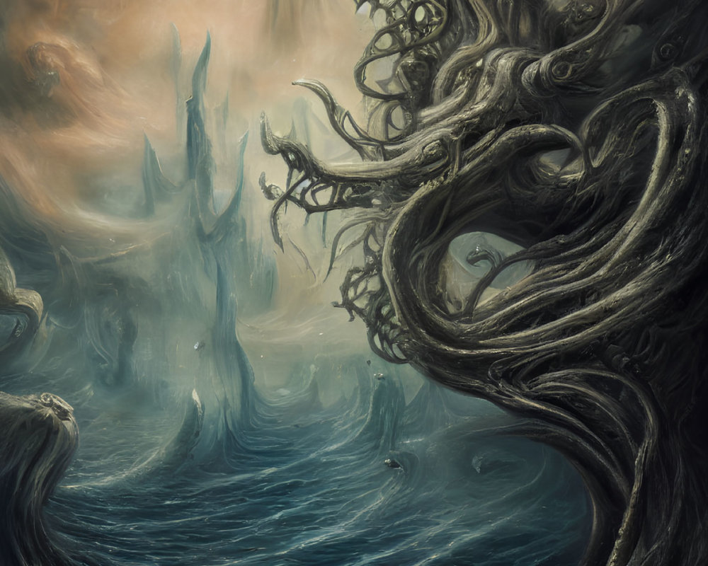 Fantastical landscape with swirling tree-like structure and mystical city in mist.