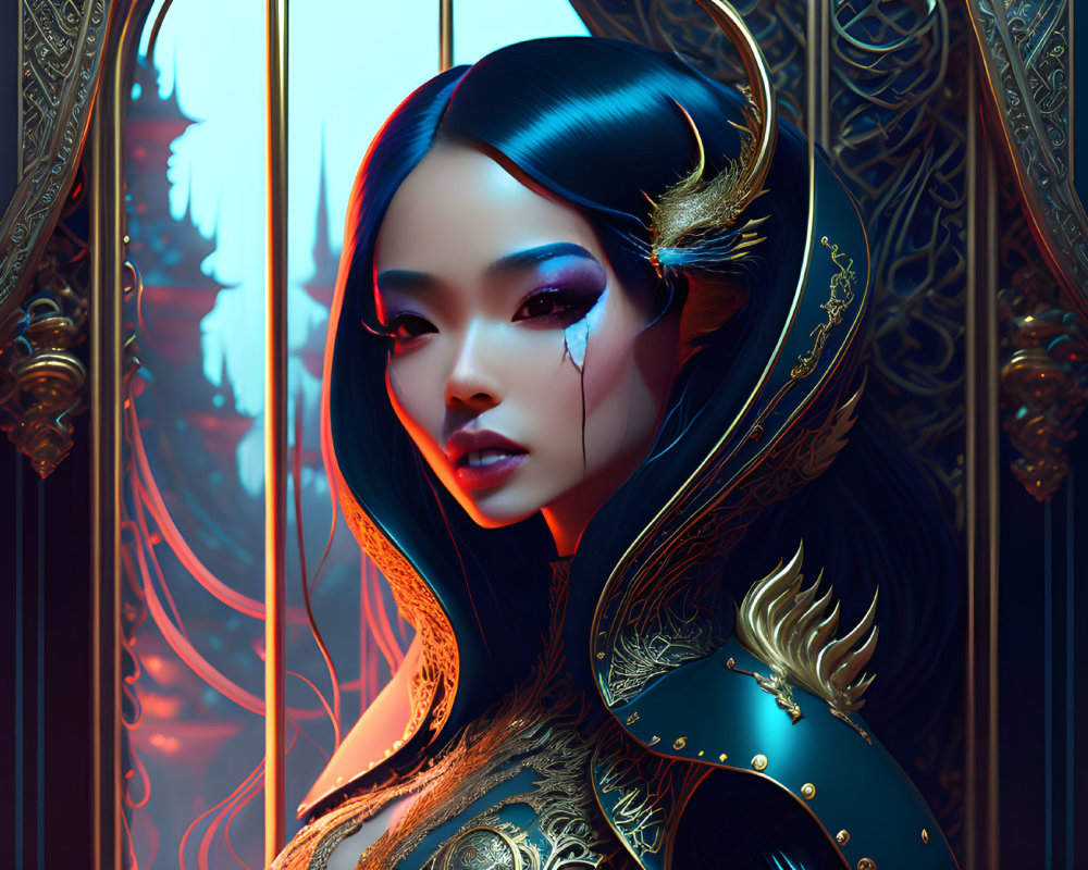 Asian-inspired female character in ornate gold attire against fantasy backdrop