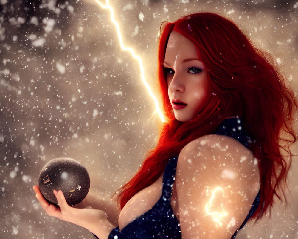 Red-haired woman with mystical orb in snowy landscape with lightning bolt