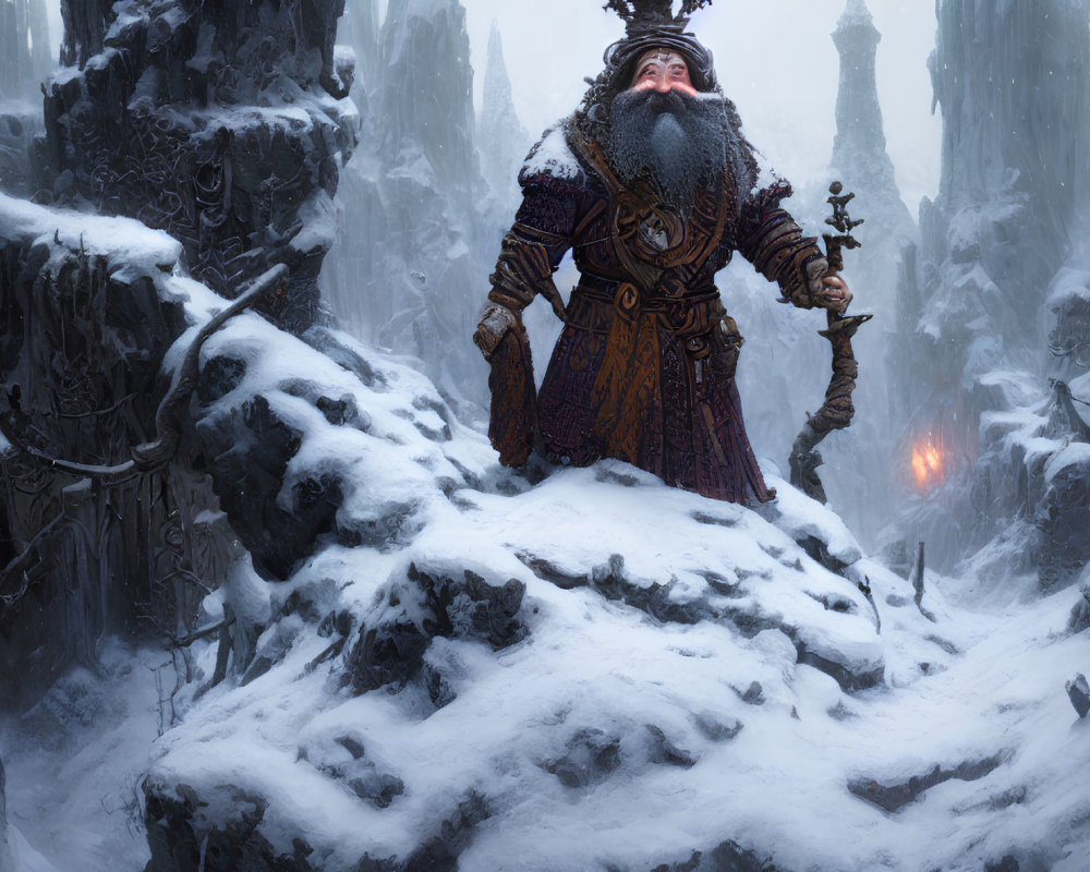 Bearded warrior in ornate armor on snowy outcrop with staff and glowing light