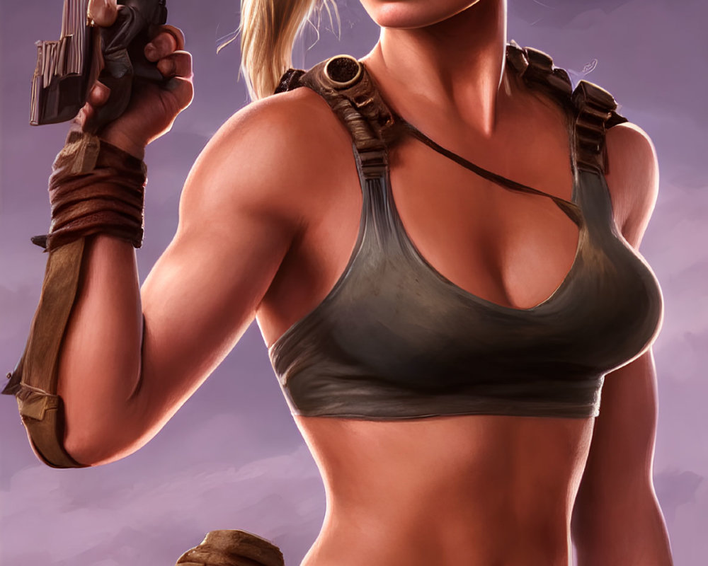 Blonde woman with pistol in tank top and gloves